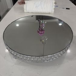 Round Cake Stand & Crystal Beaded Silver Pedestal Votive Candle Holders