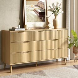 Y355-CARPETNAL Fluted 7 Drawer Dresser for Bedroom, 55" Wide Wooden Chest of Drawers with Rounded Corners, Gold Handles, Modern Storage Organizer for 