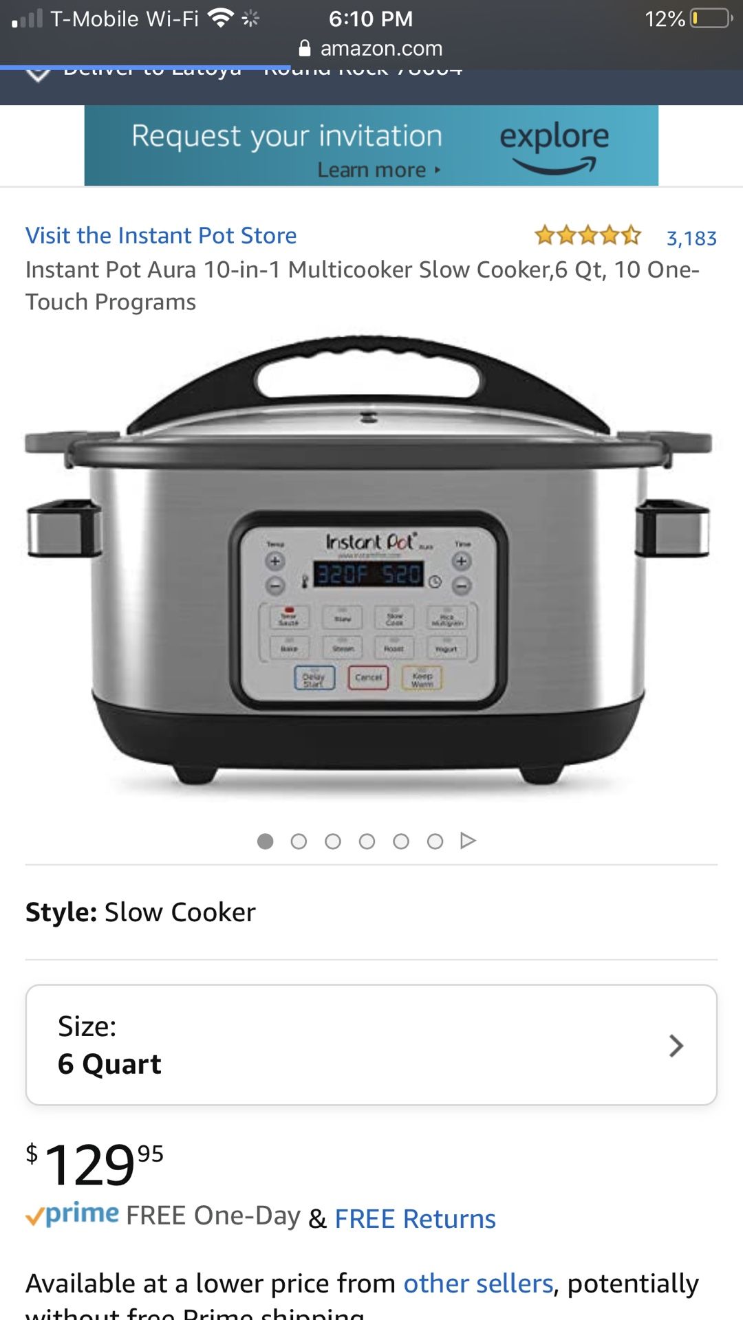 Instant Pot Aura 10-in-1 Multicooker Slow Cooker,6 Qt, 10 One-Touch Programs