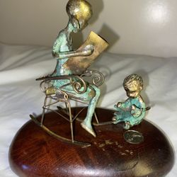 Malcolm moran brass Girl on rocking Chair Reading Book with Little Boy Hold Cat
