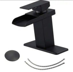 Single-Handle Single-Hole Brass Waterfall Bathroom Sink Faucet with Pop Up Drain Kit and Deckplate in Matte Black