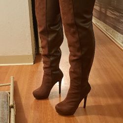 Faux Leather/suade Brown Thigh High Boots (Wide Calf)