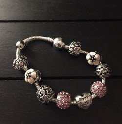 8” Sterling Silver Plated Charm Bracelet with Swarovski Crystal Antique Silver Beads (Free Gold Foil Gift Box! pictured last)