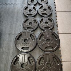 Set of Olympic-Style Iron Weight Plates with Protective Edges – 155 lbs Total