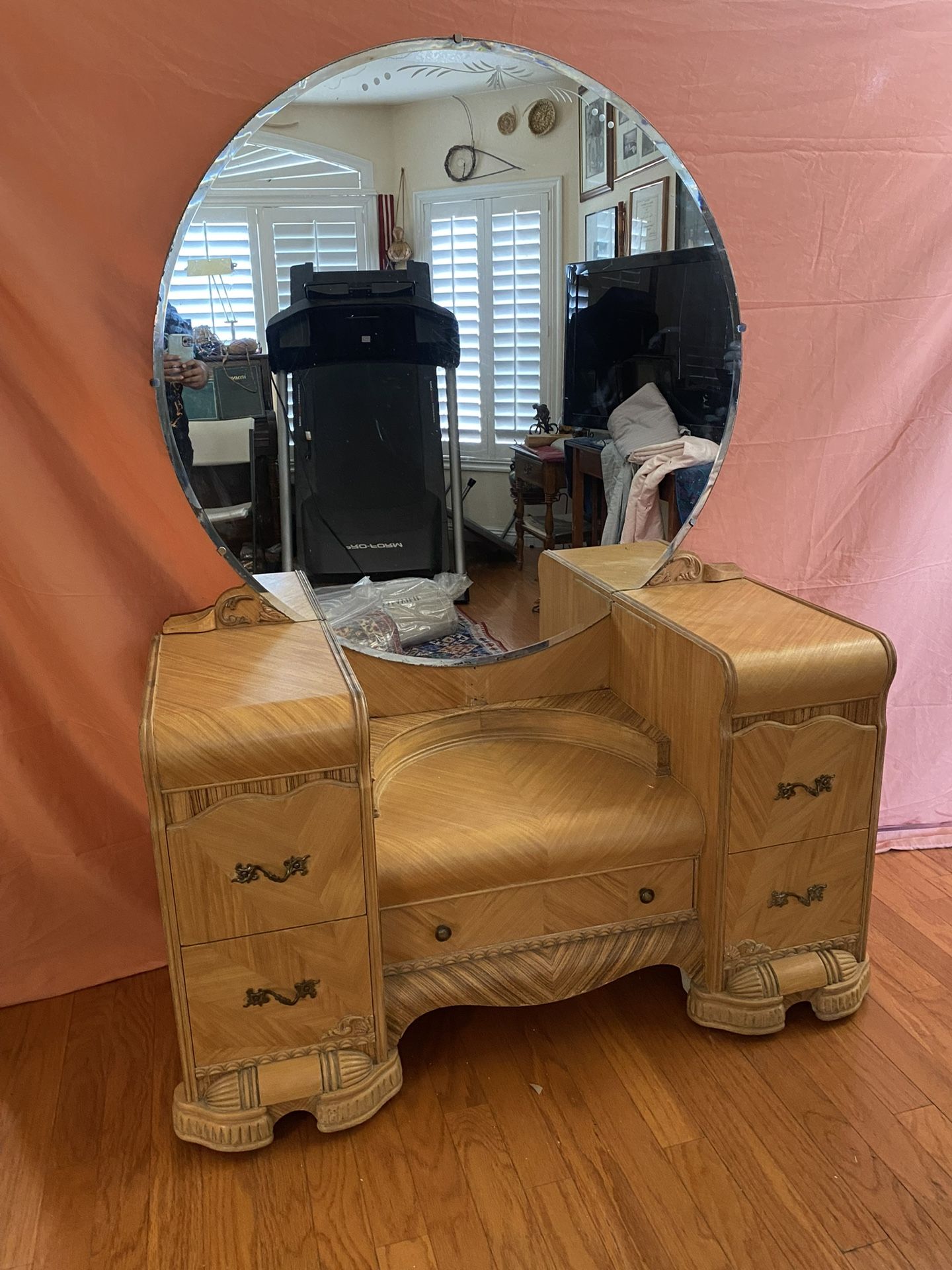 Unique all natural wood vanity with large round Mirror 
