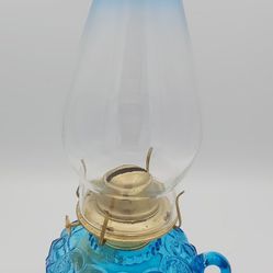 Vintage L.E.Smith "Moon & Stars" Turquoise Glass Kerosene Lamp 