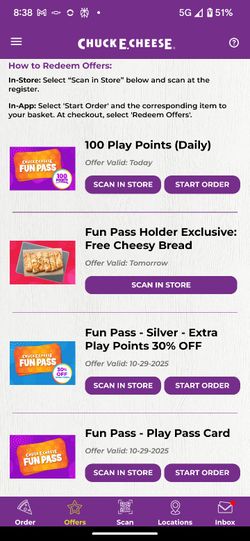 Selling Day Use For Fun Pass (100 Credit) for Chuck E Cheese AVAILABLE