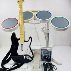 Nintendo Wii Rock Band Bundle White Drums Fender Dongle Guitar Mic Game