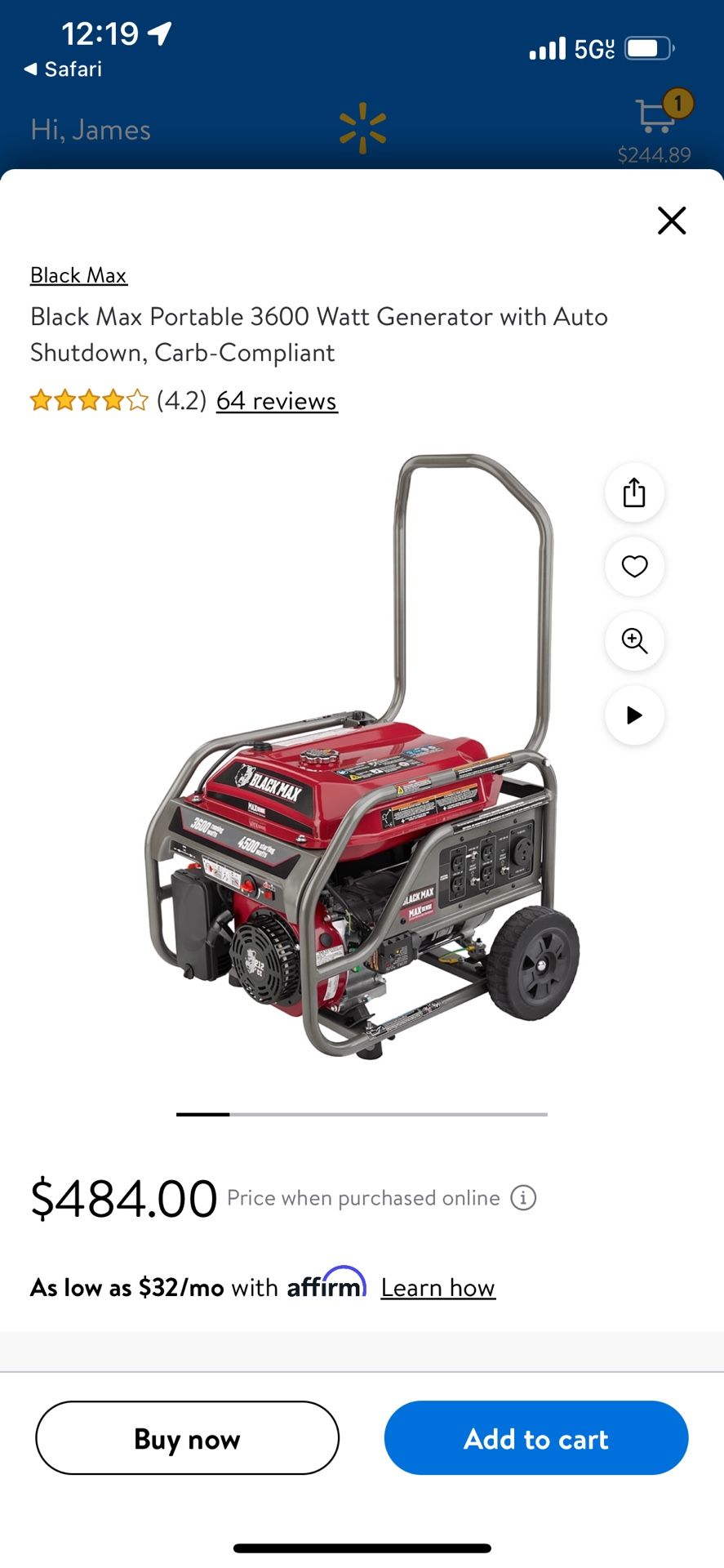 Black Max 3600 Watt Generator
