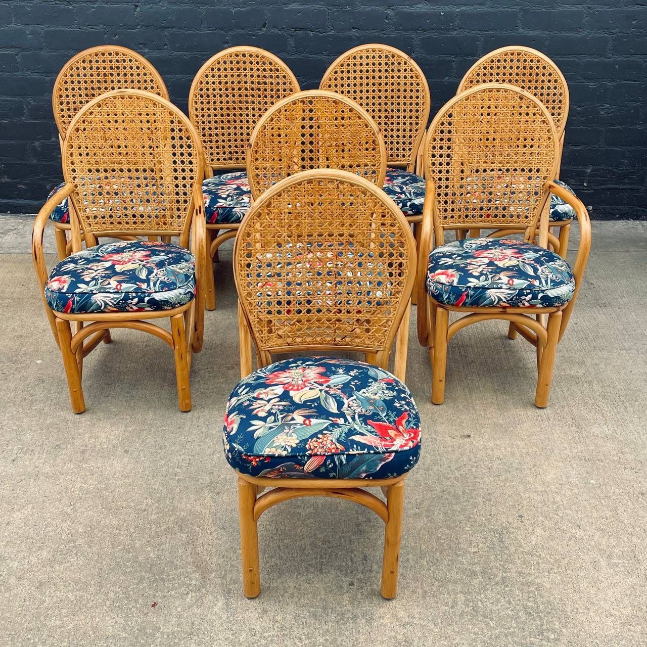 Set of 8 Vintage Bamboo Rattan Wicker Dining Chairs, c.1960’s