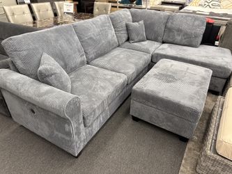 New Dark Gray 3pc Sectional Set w/built-in USB port and Storage Ottoman