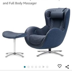Massage Chair with Ottoman BLUE Leather Lounge Percussive Shiatsu Chair Massager, Bluetooth Speaker