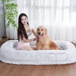 Extra Large Human Dog Bed For People Adults, 73x47x12 Inch Human Sized Dog Bed | With Blanket Attached Pillow, Washable Giant Dog Bed For Humans Adult