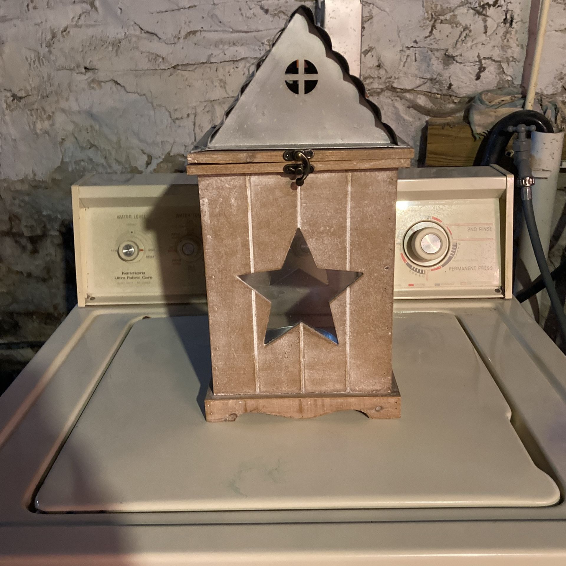 Decorative Pillar Candle Holder House With Star Cutouts & Chimney Rustic