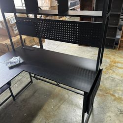 94.5 in. L-Shape Black MDF Computer Desk with Stool, LED Light