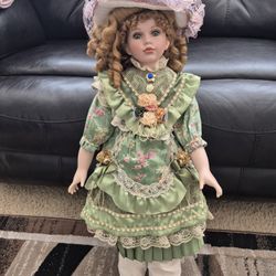 Vintage Collectible Porcelain Doll: 29-Inch Victorian Green Brocade Dress