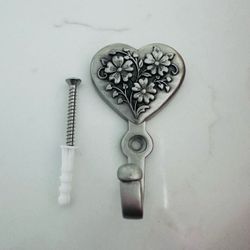 Vintage Longaberger Bouquet Heart Wall Hook  pewter with an embossed floral design  New in box w/ wall screw