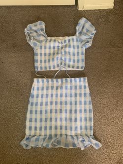 Women’s Blue Gingham Two Piece Set (Size: Medium)