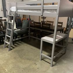 Twin loft bed with desk. Available in white & grey.Assembly required. Assembly not included. Tax included. Free local delivery.  $330 with out mattres