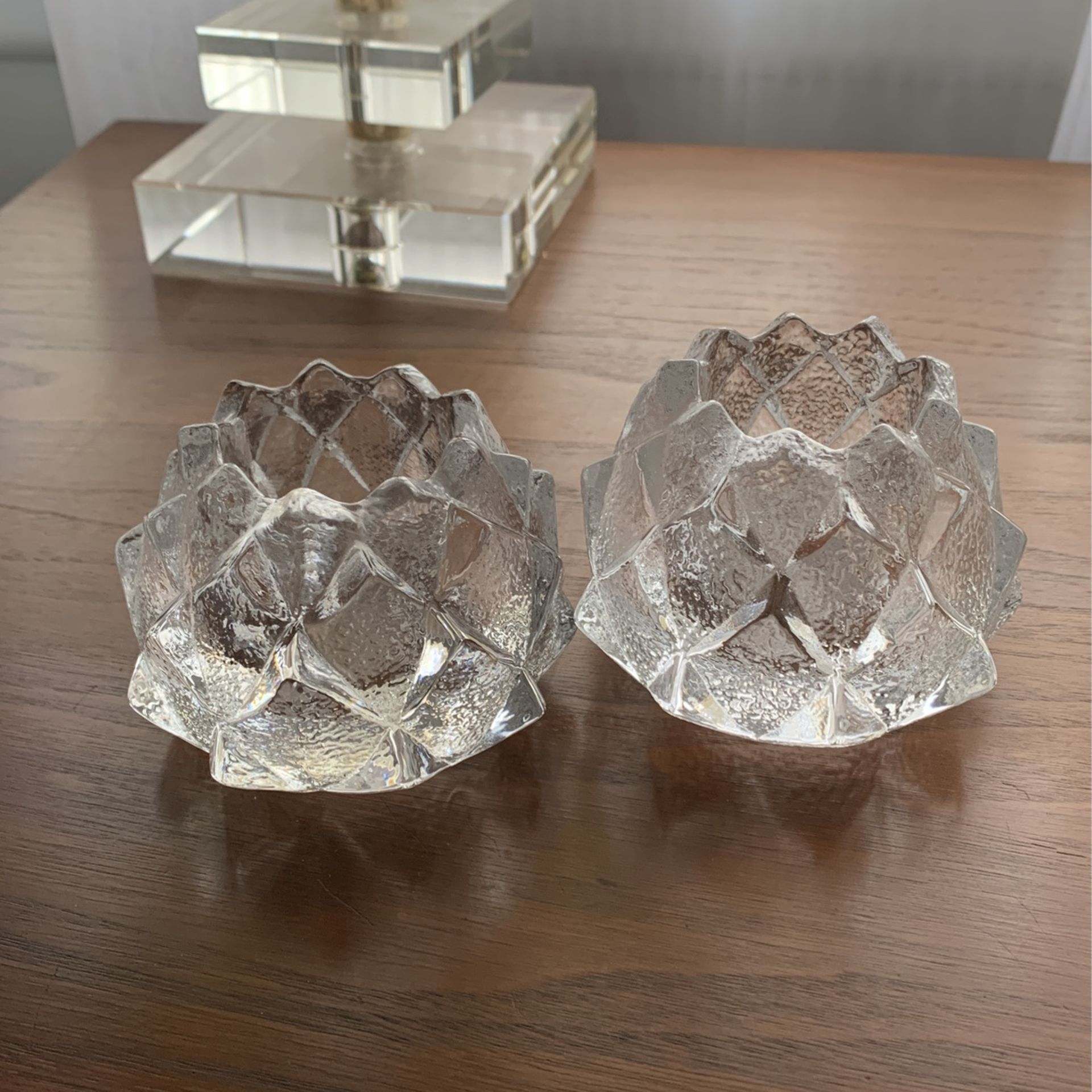 Pair of vintage Orrefors Berit Johansson Firefly Nimbus Candleholders
