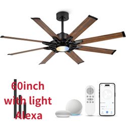 60" Smart Ceiling Fan with Light, Alexa 8 Wood Grain Aluminum Blades