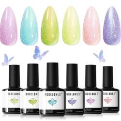 Brandnew Gel Nail Polish Set 6 Colors Pink Green Blue Purple Glitter Gel Nail Polish Pastel Galaxy Sparkle Shimmer Shades Soak Off UV Spring Summer Na