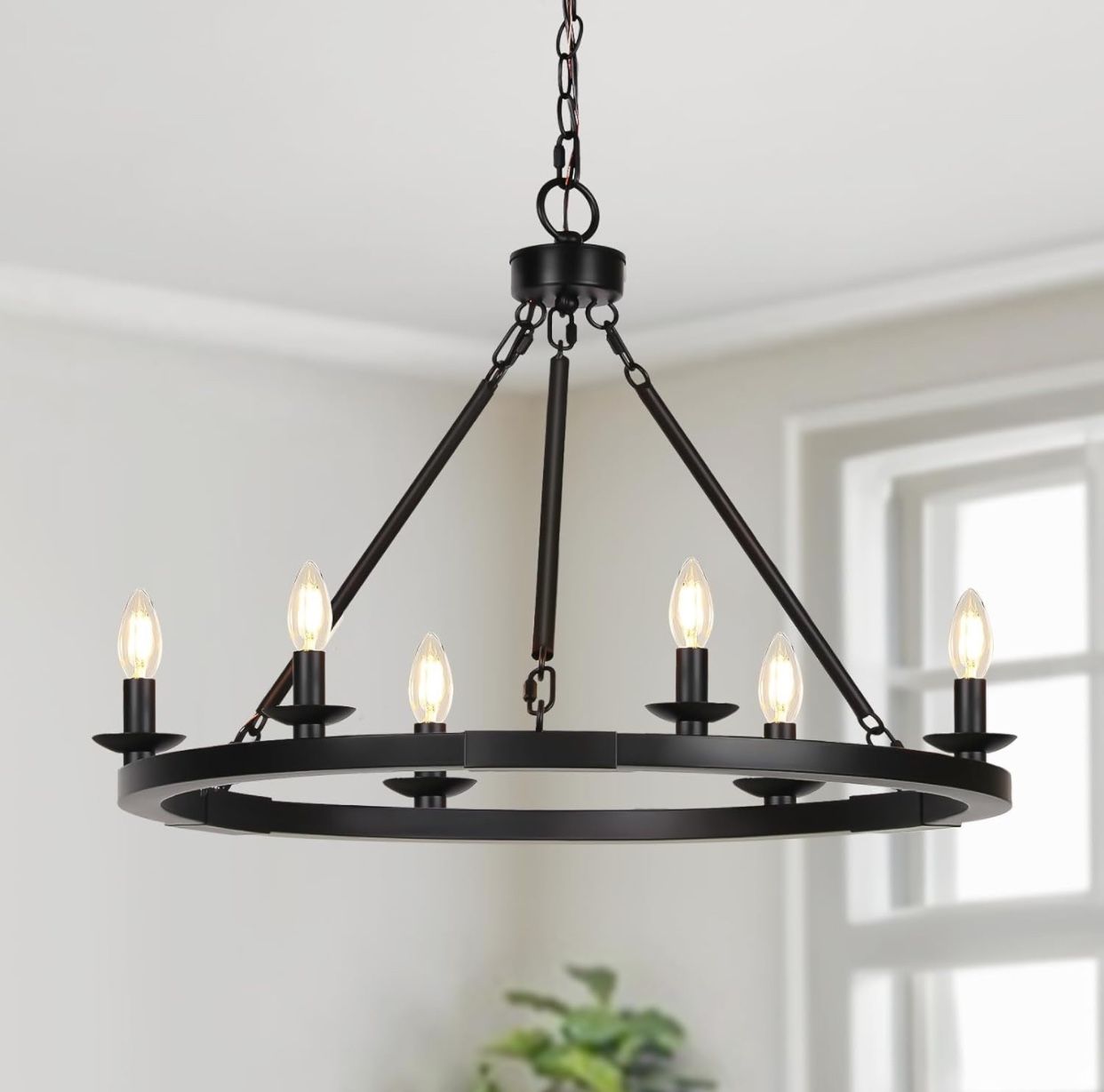 Black Farmhouse Chandelier, 6-Light Wagon Wheel Chandelier with Adjustable Height, Dining Room Light Fixture, Hanging Lights for Kitchen Island, Livin
