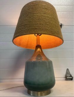 Mid century Teal Ceramic Table Lamp with Jute Shade