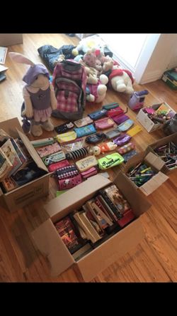 School supplies clothes toys books