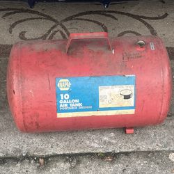 Vintage NAPA 10 gallon steel portable air tank.  Heavy-gauge steel construction with welded feet and solid carry handle. Original NAPA label still int