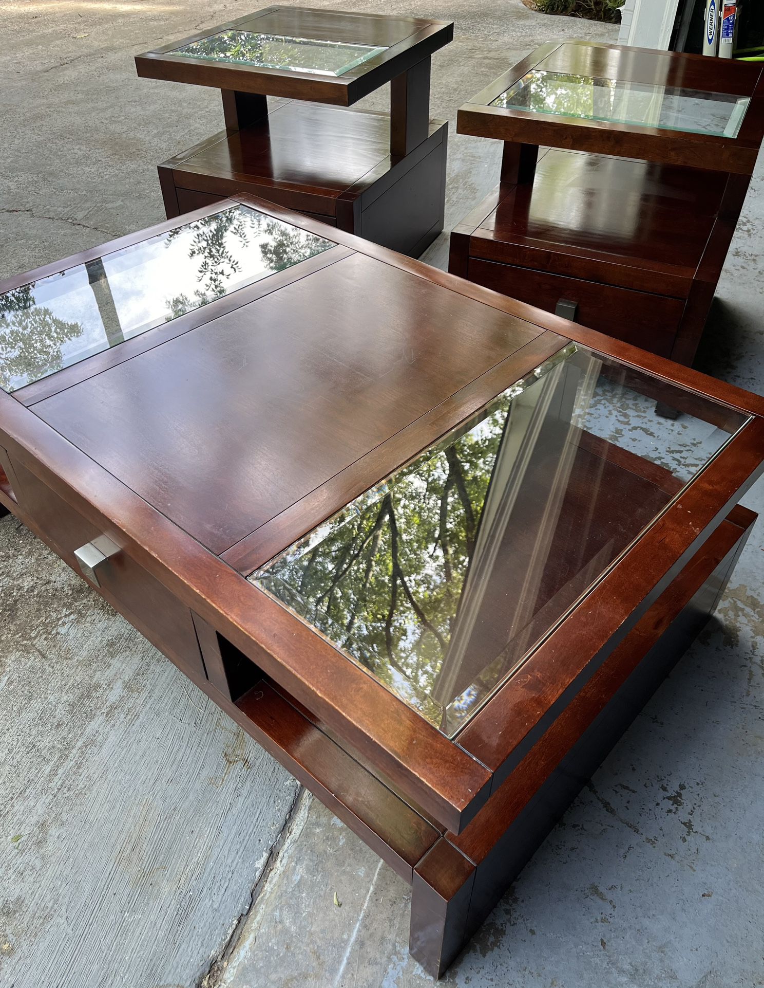 SET OF 3 WOOD & GLASS COCKTAIL & END TABLES