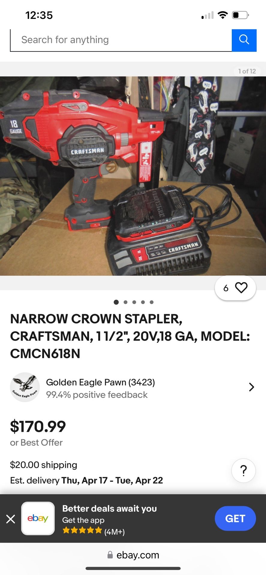 Craftsman 20 V 18 Gauge 1/4 -in Narrow Crown, Finish Stapler battery, and charger included