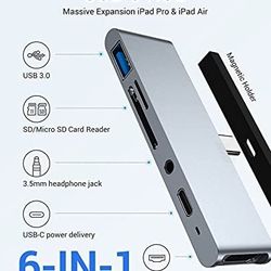 iPad Pro 2020 6-in-1 USB C Adapter, USB3.0, SD/TF Card Reader, 3.5mm Headphone Jack, PD, 4K HDMI
