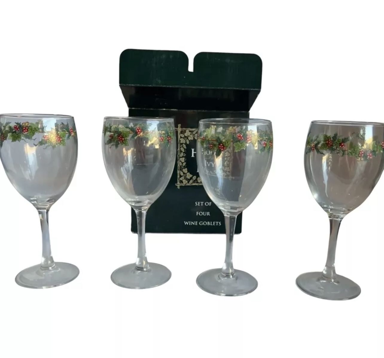 The Holly and The Ivy Set of Four Wine Goblets Glass Christmas Decor