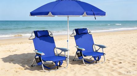 🌴 3-Piece Beach / Outdoor Set – Brand New – $99 🌴  📦 Includes:  🪑 2-Pack Folding Beach Chairs (Blue)  * 5-position reclining (fully lay-flat) * Ba