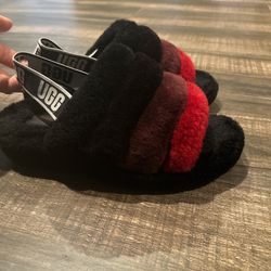 Red And Black Uggs Slippers With Strap Lightly Used