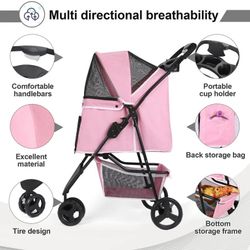 3 Wheels Foldable Pet Strollers with Storage Basket and Cup Holder for Small and Medium Cats, Dogs