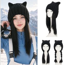 Cat Ear Knitted Black Beanie Wig Hat with Hair Straight 10" #1 Jet Black