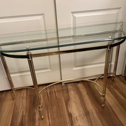 1970s LaBarge Brass Console Table With Beveled Glass Top