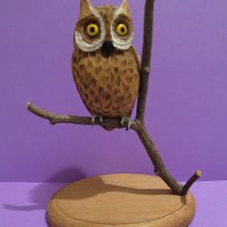 Vintage Handmade wooden owl sculpture on a tree branch, 8"
Signed