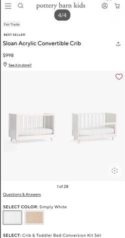 Pottery Barn Sloan acrylic crib with conversion to toddler bed