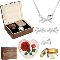 Preserved Roses Valentines Day Gifts for Her with Necklace Set & Scented Candle, Romantic Eternal Fl