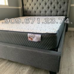 Queen Gray Wingback Button Tufted Bed w. orthopedic Mattress included 