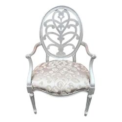Carved Oval Back Hollywood Regency Style Accent Armchair in Soft Silver Finish