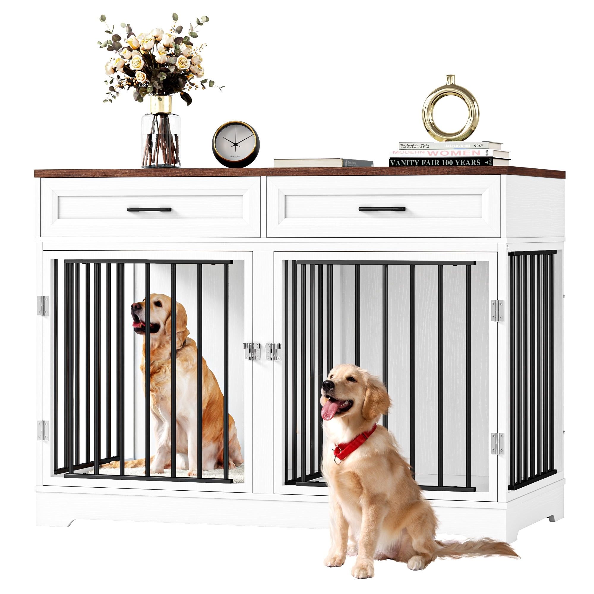 Dog Crate Furniture with 2 Drawers, 47.2 In Large Wooden Indoor Dog Cage Table with Divider & Lockable Doors for Medium Dogs, White