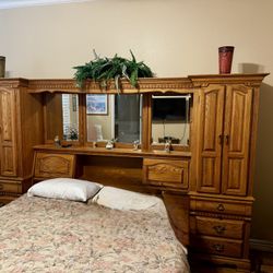 Oak Headboard With Attached Cabinets