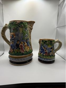 Vintage Japanese Majolica Tavern Scene Pitcher and Mug Set