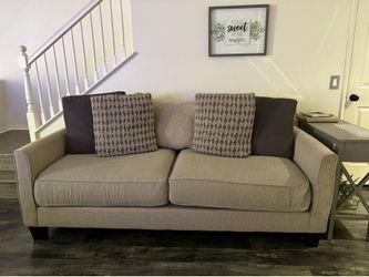 Beige Fabric Two-Seat Sofa with Throw Pillows