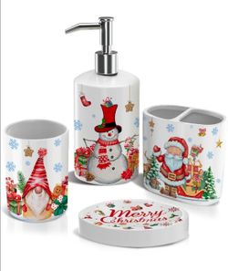 Christmas Bathroom Accessories Set of 4 – Ceramic Snowman & Santa Decor