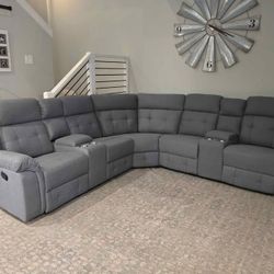 🎄❄️Brand New Upholstered Fabric Grey Curve/Corner Recliner Sofa W/ Cup Holders | Pay After Delivery 🚚
